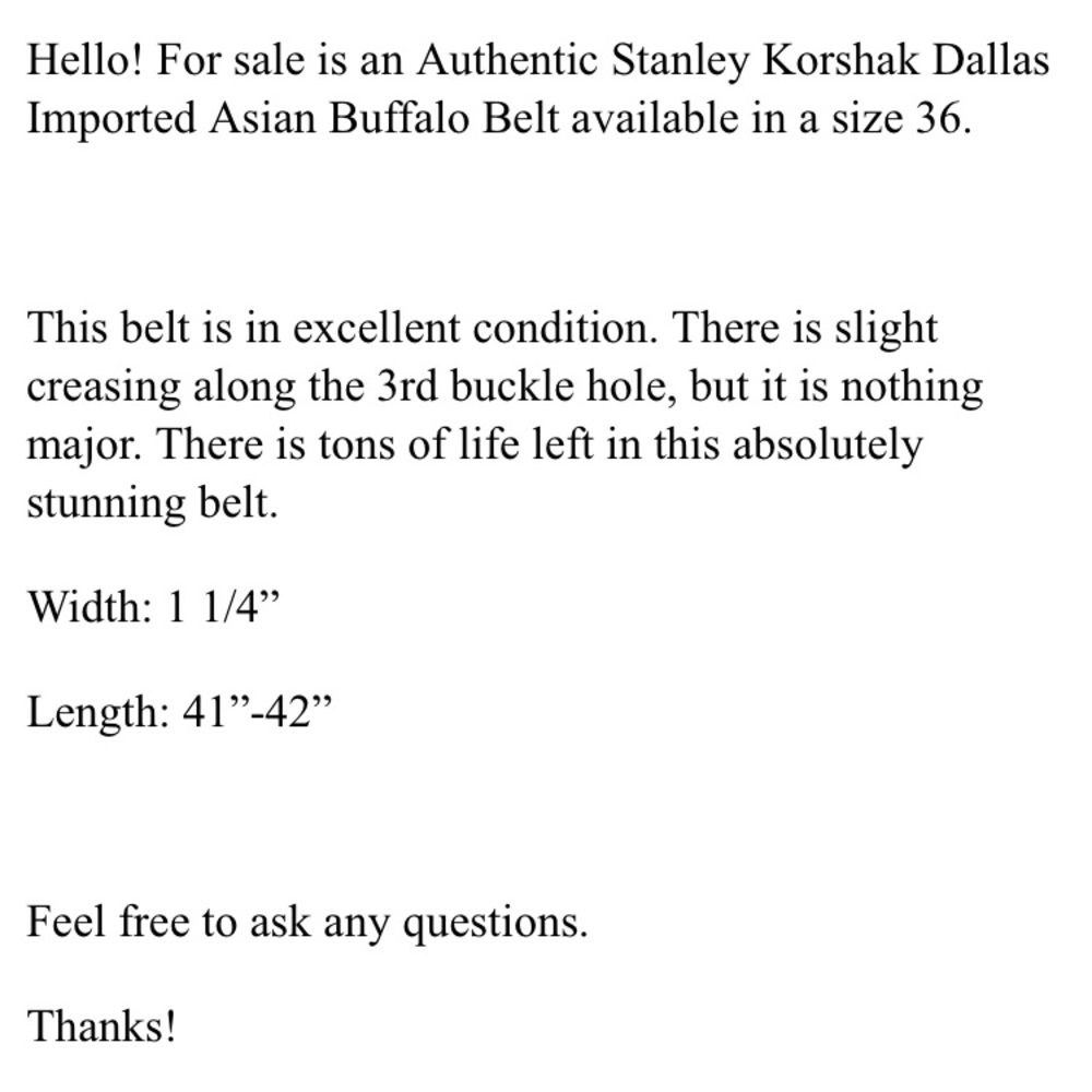 Stanley Korshak Asian Buffalo Leather Belt SZ 36 - Picture 8 of 8